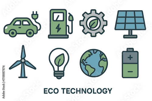 Eco technology linear icon set. featuring electric car, fuel pump, gear, solar panel, wind turbine, light bulb, earth, battery