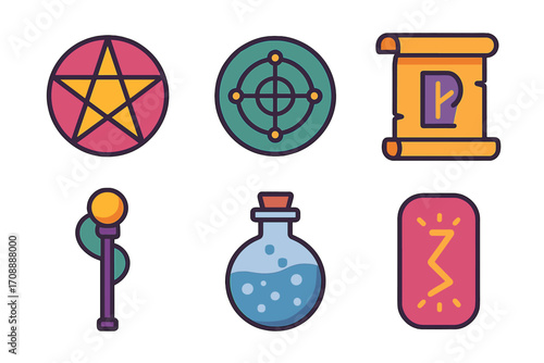 Mystical elements flat icon set. featuring pentagram, target, scroll, staff, potion, and card symbols