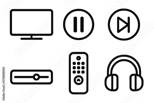 Multimedia controls silhouette icon set. featuring tv, pause, play, volume, remote, and headphones symbols