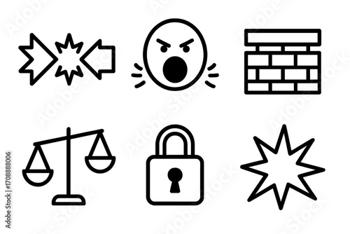 Security linear icon set. featuring firewall, alarm, explosion, balance, warning, and lock symbols