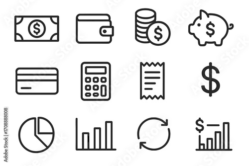Finance linear icon set. featuring cash, wallet, coins, piggy bank, credit card, calculator, receipt, dollar sign, chart