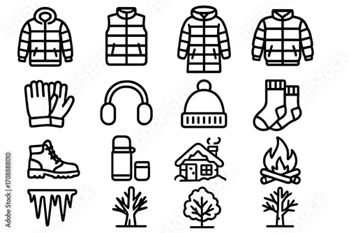 Winter apparel and activities linear icon set. featuring coat, vest, jacket, gloves, earmuffs, hat, socks, boots, flask, cabin