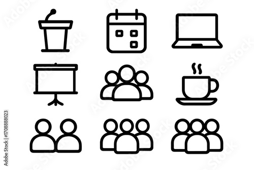 Business meeting silhouette icon set. featuring podium, calendar, laptop, screen, group, and coffee cup symbols