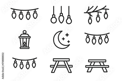 Christmas decorations silhouette icon set. featuring lights, lantern, moon, stars, picnic table symbols