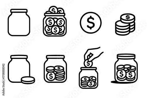Money saving linear icon set. featuring jar, coin stack, savings, and investment symbols