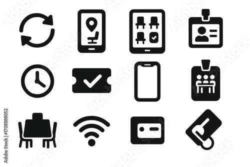 Office essentials silhouette icon set. featuring refresh, smartphone, id card, clock, ticket, and network symbols