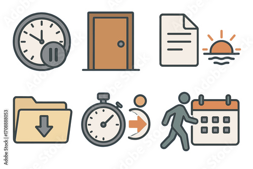 Office and time management linear icon set. featuring clock, door, document, sunset, folder, stopwatch, exit, calendar.