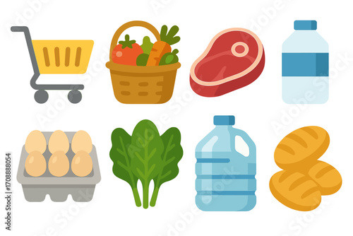 Grocery shopping flat icon set. featuring cart, basket, meat, water bottle, eggs, greens, bread