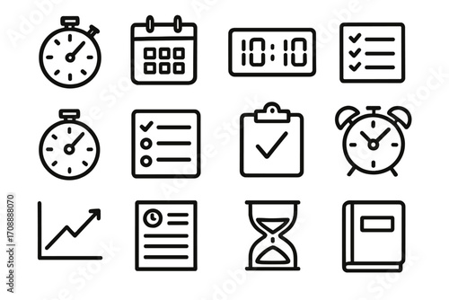 Productivity linear icon set. stopwatch, calendar, checklist, clock, graph, document, timer, book