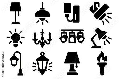 Lighting silhouette icon set. featuring lamp, chandelier, spotlight, bulb, torch, lantern, and ceiling light