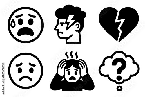 Emotion and stress silhouette icons set. featuring anxiety, headache, heartbreak, upset, and sadness symbols