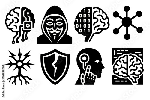 Cybersecurity silhouette icon set. featuring hacker, brain, technology, shield, network, and data symbols