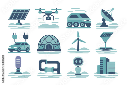 Renewable energy futuristic flat icon set. featuring solar, drone, autonomous vehicle, satellite, and wind turbine symbols