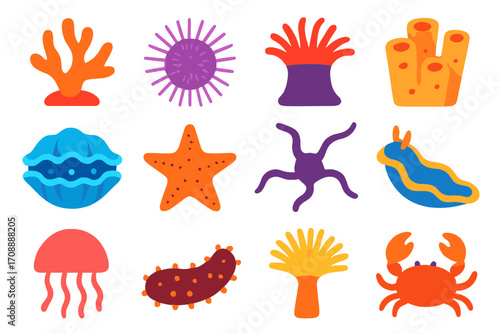 Sea creatures flat icon set. featuring coral, starfish, jellyfish, crab, anemone, and clam symbols