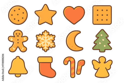 Christmas flat icon set. featuring cookie, star, heart, cracker, gingerbread, snowflake, moon, tree, bell, stocking, candy cane, angel