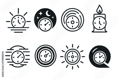 Time and clock linear icons set. featuring sunrise, night, spiral, candle, fast, stopwatch, sunlight, reset symbols