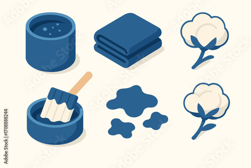 Textile and dyeing flat icon set. featuring dye, fabric, paintbrush, spills, cotton flower symbols