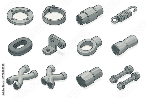 Industrial parts flat icon set. featuring flange, clamp, pipe, spring, gasket, bracket, coupler, fittings, y-joint, bolt