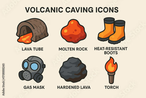 Volcanic caving flat icons set. featuring lava tube, molten rock, heat-resistant boots, gas mask, hardened lava, and torch