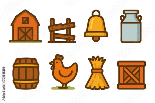 Farm elements flat icons set. featuring barn, fence, bell, milk can, barrel, chicken, hay, and crate designs