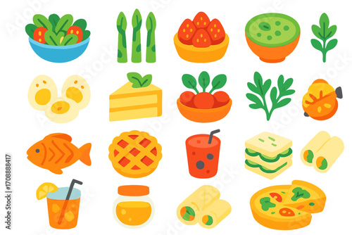 Food and drink flat icon set. featuring salad, asparagus, cake, soup, eggs, fish, pie, juice, wrap, and pizza