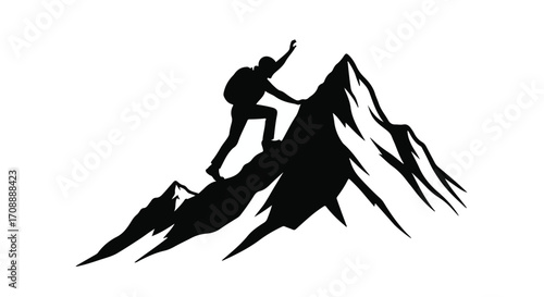 Silhouette of a determined climber ascending a rugged mountain peak against a bright sky, embodying achievement and adventure.