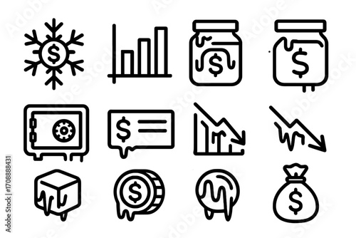 Finance and economy linear icon set. featuring snowflake, graph, money jar, safe, and coin symbols