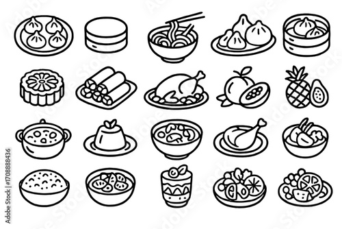 Asian cuisine linear icon set. featuring dim sum, mooncake, noodles, dumplings, hot pot, tea, rice, and fruits