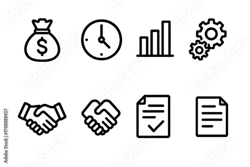 Business and finance linear icon set. featuring money bag, clock, graph, gears, handshake, and document symbols