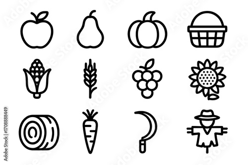 Harvest silhouette icon set. featuring apple, pear, pumpkin, basket, corn, wheat, grapes, sunflower, hay, carrot, sickle, scarecrow