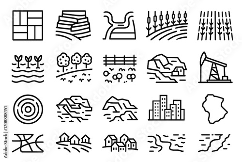 Urban planning linear icon set. featuring cityscape, factory, oil rig, river, and farmland symbols