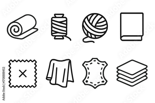 Textile and fabric linear icon set. featuring yarn, wool, cloth, leather, roll, textile, fabric, cotton, and towel symbols