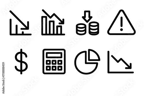 Finance linear icon set. featuring chart, graph, money, warning, dollar, calculator, pie, and decline symbols