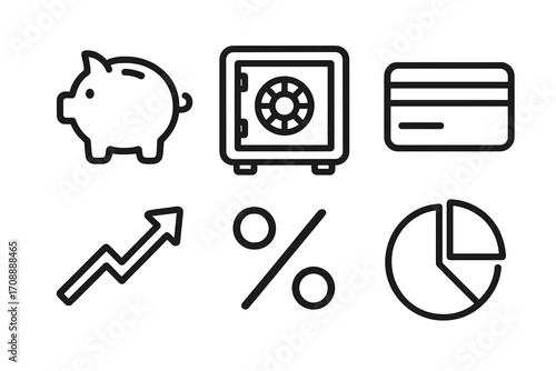 Finance silhouette icon set. featuring piggy bank, safe, credit card, growth chart, percentage, and pie chart symbols