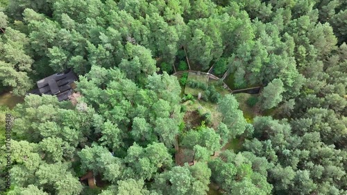 Aerial Bydgoszcz Poland German explosive factory ruins forest 1. Northern Poland. One of largest WW II Nazi German war ammunition explosive manufacturing facilities. Slave labor Jews and Polish.