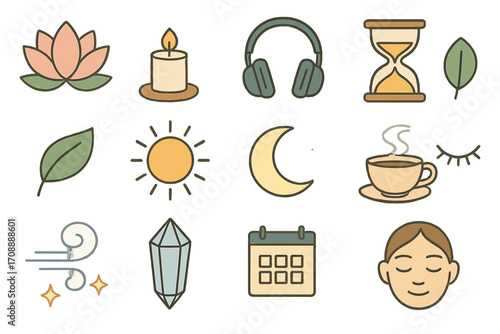 Wellness and relaxation flat icon set. featuring lotus, candle, headphones, hourglass, leaf, sun, moon, tea, and face