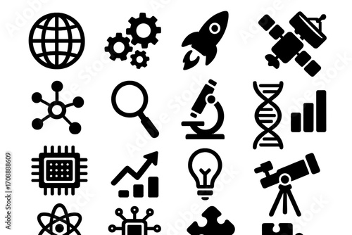 Science and technology silhouette icon set. featuring globe, gears, rocket, satellite, atom, and telescope symbols