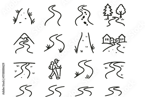 Hiking trail linear icon set. featuring paths, forest, mountains, hills, and nature trek symbols