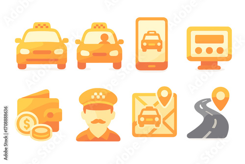 Taxi service flat icon set. featuring cab, driver, app, dashboard, payment, wallet, location, map, and road icons