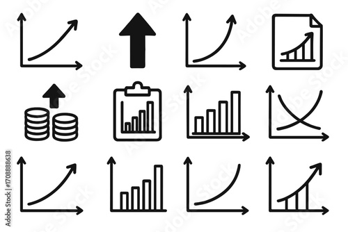 Business growth flat icon set. featuring graphs, charts, upward arrows, document, coins, clipboard, and trends