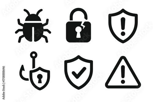 Cybersecurity silhouette icon set. featuring bug, lock, shield, phishing, alert, and warning symbols