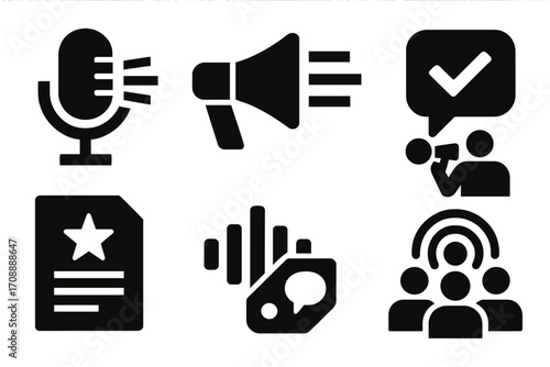 Communication and management silhouette icon set. featuring microphone, megaphone, document, discussion, group