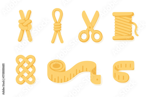 Craft and sewing flat icon set. featuring knot, loop, scissors, thread, braid, tape measure, and ribbon symbols