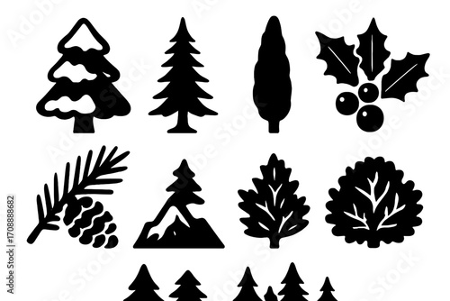 Nature elements silhouette icon set. featuring pine, cedar, spruce, holly, berry, and cypress symbols