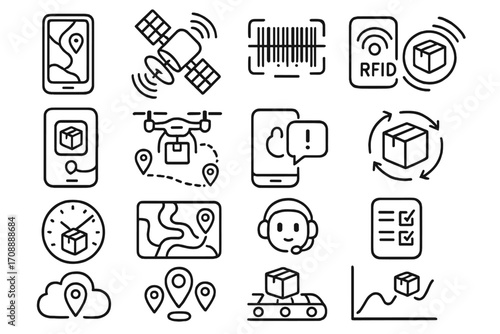 Delivery and tracking linear icon set. featuring gps, satellite, barcode, drone, rfid, and chat symbols