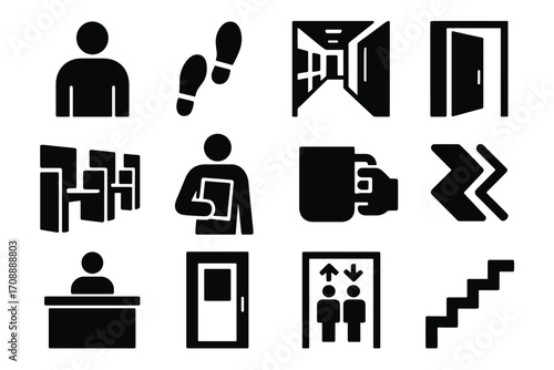 Office navigation silhouette icon set. featuring person, footsteps, corridors, door, and elevator symbols