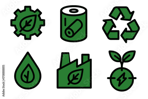 Eco-friendly industrial linear icon set. featuring gear, packaging, recycle, nature, factory, growth symbols