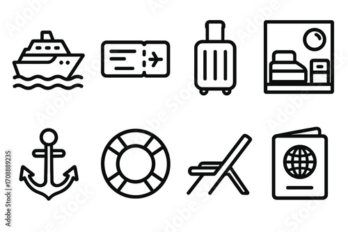 Travel and cruise linear icon set. featuring cruise, ticket, luggage, cabin, anchor, lifebuoy, deckchair, passport