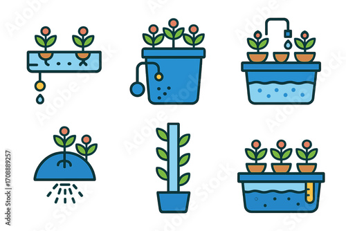 Hydroponics flat icon set. featuring systems, pots, irrigation, plants, and gardening symbols