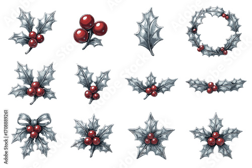 Holiday silhouette icon set. featuring holly, berry wreath, bow, red berries, and leaf symbols